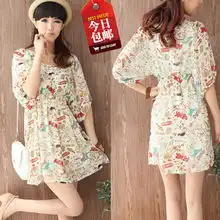 新款春装2012韩版甜美淑女卡通涂鸦圆领短袖女春款雪纺裙连衣裙子,详情请进