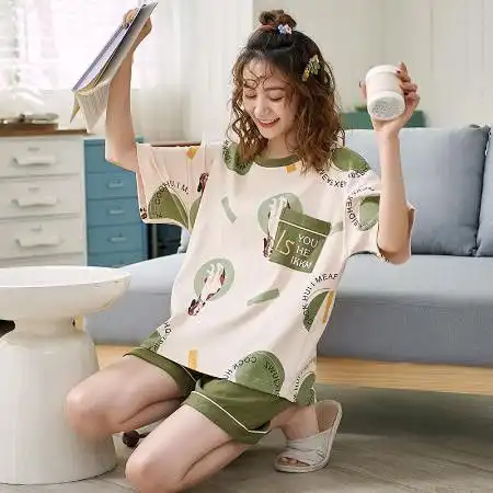 睡衣女夏短袖短裤少女宽松卡通棉质韩版睡衣女士套装家居服可外穿
