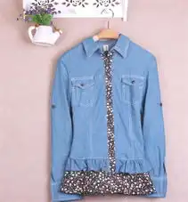 2012春季夏装新款日韩系碎花拼接蕾丝荷叶边长袖牛仔衬衫女上衣