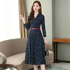 翎梦儿新款春秋长袖收腰有女人味小碎花针织连衣裙女长裙配腰带