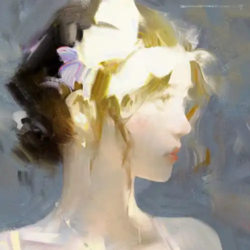 高级油画质感插画作品,笔下的白衣少女太梦幻了