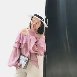 sma韩国女装馆韩版夏季新款白色圆点喇叭袖雪纺衫女学生一字领上衣简单网www.j.cn