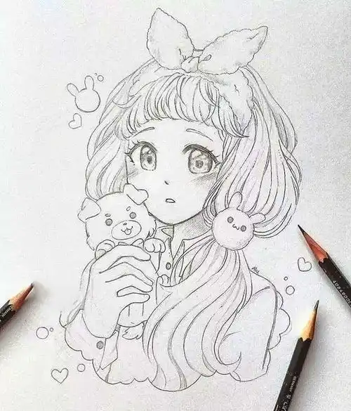 二次元少女铅笔手绘线稿