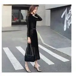 jeanesunp秋冬过膝连衣裙淑女金丝绒内搭新款打底裙名媛显瘦气质百褶裙