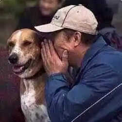 一个戴帽子的男人跟狗说悄悄话