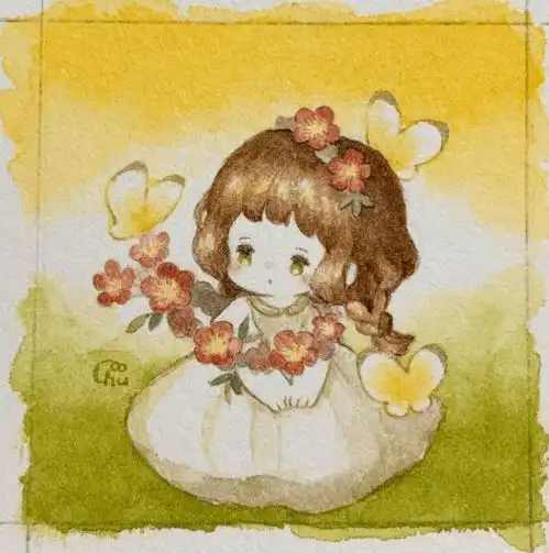 q版动漫女孩水彩作品,超可爱的水彩画女孩
