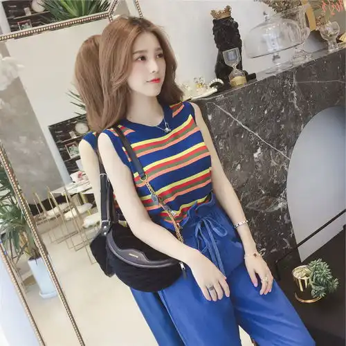 新款彩虹条纹针织背心女外穿宽松韩版学生显瘦无袖打底衫上衣女装