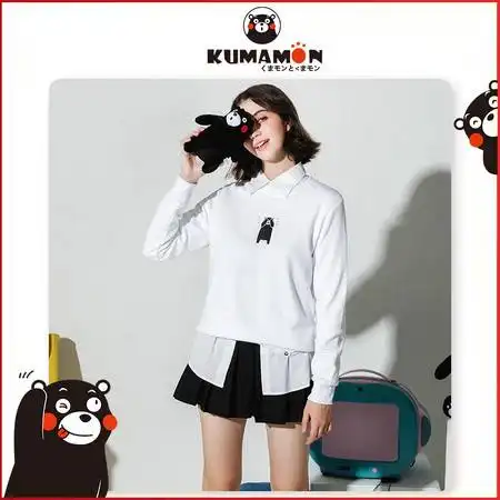 hellokoma熊本熊秋季女生洁白小清新单穿上衣学生圆领套头印花卫衣km20wy004