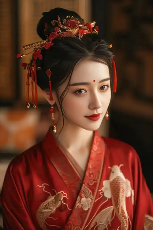 传统古代美女锦鲤人物肖像摄影图摄影图