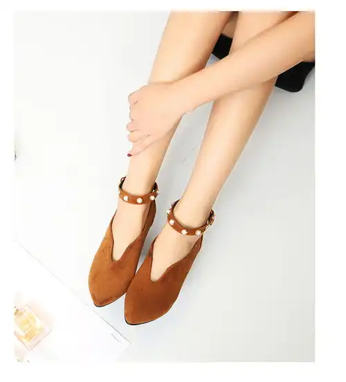 古奇天伦春季单鞋尖头粗跟女鞋一字式扣带纯色新款韩版百搭淑女女鞋尖头皮鞋一字扣高跟鞋