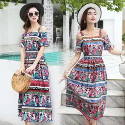 吊带裙女夏碎花过膝长裙女装2018新款潮一字肩露肩时尚棉麻连衣裙图片大全邮乐官方网站