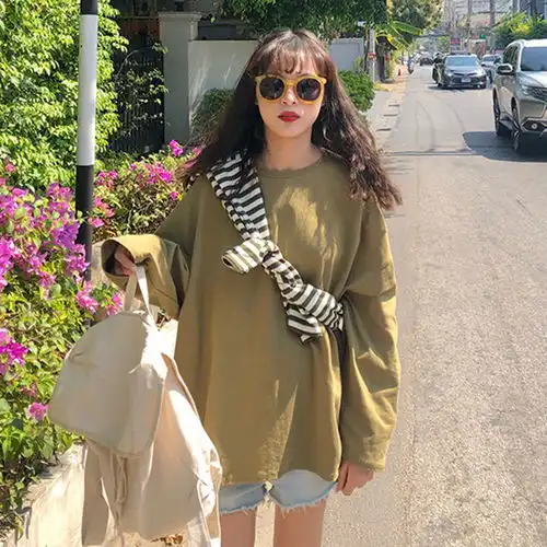 100纯棉bf宽松上衣服女学生韩版宽松体恤秋季长袖纯色打底衫t恤