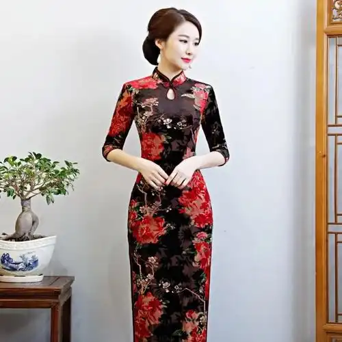 中国风烂花绒旗袍,诠释东方气质美人