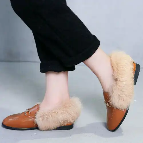 2019秋冬季新款儿童毛毛鞋女童韩版兔毛公主鞋软底小女孩加绒皮鞋