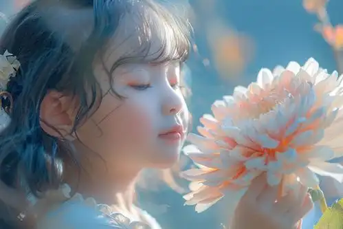 可爱小女生与鲜花人物肖像摄影摄影图下载至来源处