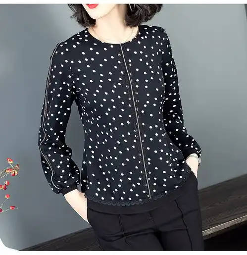 施悦名2019春秋季新款女装波点印花欧美风拼接蕾丝雪纺上衣圆领套头衬衫a