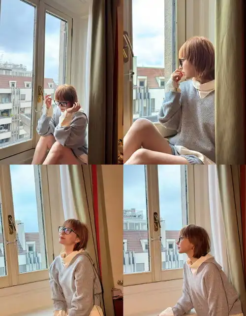吴昕染金发烫卷毛可爱俏皮短发戴黑框眼镜似少女