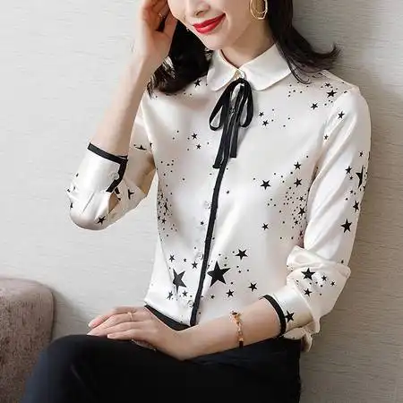 施悦名重磅真丝衬衫女长袖高端2020春装新款时尚星星图案缎面桑蚕丝上衣c