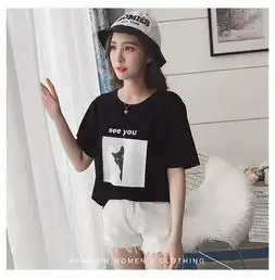 fx2018春夏新款韩版女装卡通小猫咪印花修身短袖纯棉圆领t恤女