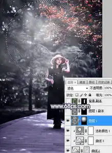 ps调出暗调单色树林背景黑裙美女照片