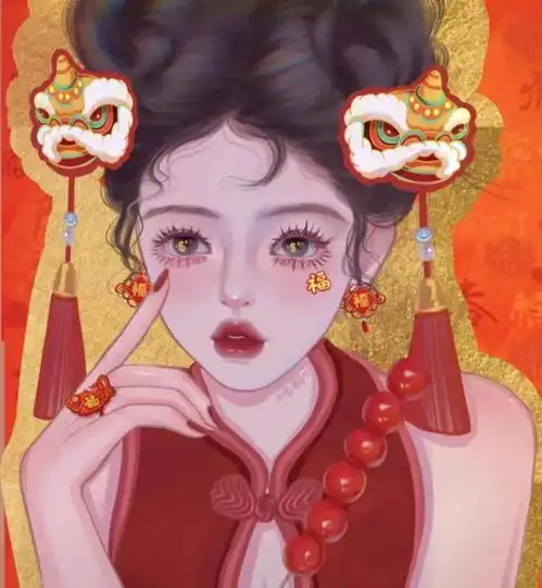 绝美手绘国潮风动漫女头新年红色头像