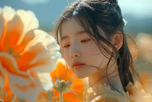 乖巧小女孩与鲜花人物肖像摄影摄影图下载至来源处