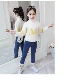 童裤2019冬季新款女童中大童个性白绒毛字母加绒牛仔裤潮ly