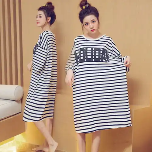 睡裙女夏季条纹女士性感睡衣女秋短袖宽松孕妇韩版学生可爱中长款
