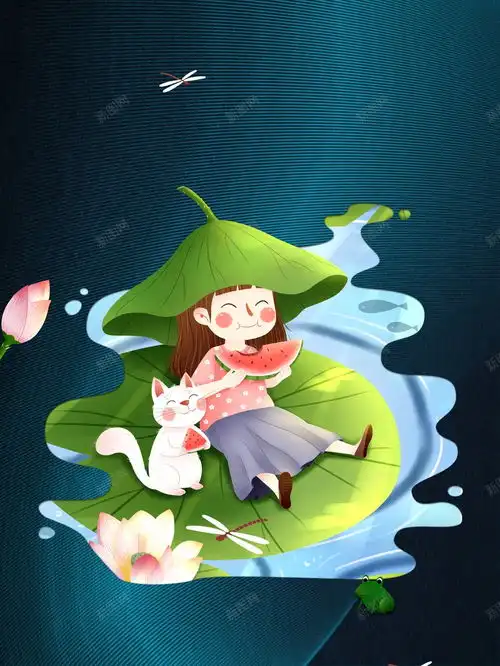 夏至荷叶荷花蜻蜓手绘人物西瓜猫青蛙设计图片免费下载页面网页平面电商创意素材手绘背景素材