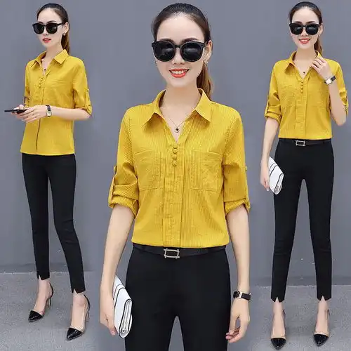 秋季条纹衬衫女长袖修身大码工装条纹衬衣女学生韩版宽松打底衫潮