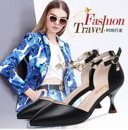 金丝兔一字扣尖头单鞋女3328春季新款细跟中跟猫跟鞋韩版百搭小皮鞋黑色