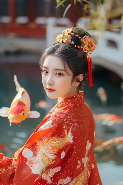 传统古代美女锦鲤人物肖像摄影图摄影图