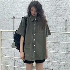 夏季女装百搭明线工装bf风翻领衬衣纯色口袋半身裙女