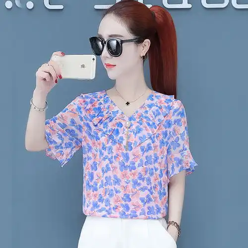 碎花雪纺衫女短袖2020夏季新款韩版很仙的上衣服宽松显瘦洋气小衫