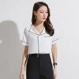 施悦名2019夏季新款职业女装韩版撞色ol正装翻领工作装雪纺短袖衬衫女a