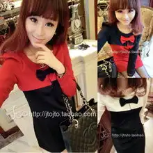 宅人商店2012秋冬季韩版新款拼色长袖蝴蝶结装饰a字连衣短裙