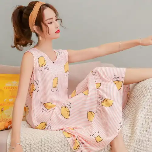 夏季纯棉稠睡裙女式卡通人造棉无袖韩版绵绸大码女学生家居服睡衣