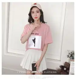 fx2018春夏新款韩版女装卡通小猫咪印花修身短袖纯棉圆领t恤女