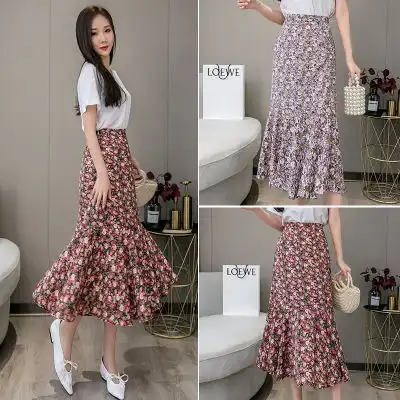 中长款半身裙子女2020夏季新款半裙子女雪纺高腰碎花a字裙鱼尾裙
