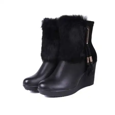 名典2012秋冬新品仿真兔毛坡跟中筒靴女式鞋靴子23139
