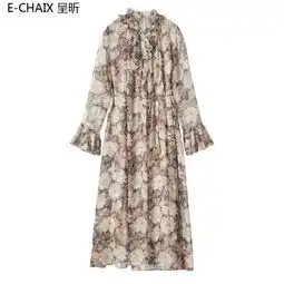 2018春夏新款印花长袖连衣裙碎花荷叶边超长款裙子女长裙