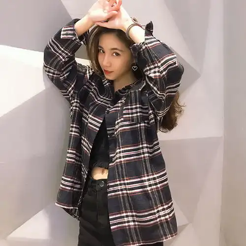 夏季格子衬衫女学生韩版宽松长袖bf风复古港味开衫防晒中长款衬衣