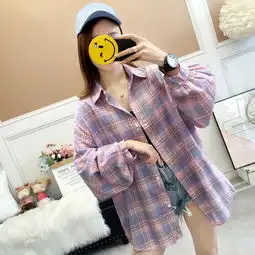 2019女式洋气拼色格子衬衫防晒衣港风少女衬衣长袖宽松薄外套