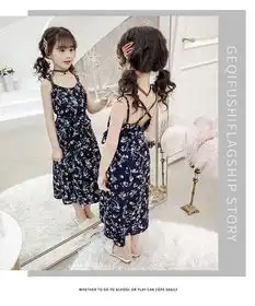 雪纺碎花蓝印花布民族风度假露肩旗袍裙女童夏季新款连衣裙吊带裙英服