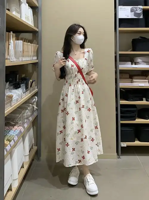 法式初恋茶歇绝美奶甜碎花连衣裙女温柔风收腰泡泡袖长裙