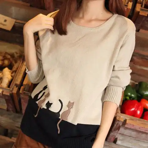 白茶家森女日系文艺范甜美刺绣猫咪长袖圆领堆糖,美图壁纸兴趣社区
