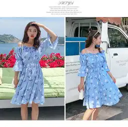 碎花雪纺连衣裙女新款夏季韩版一字露肩清新荷叶边收腰短连衣裙gg