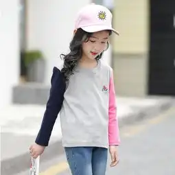 童装女童2018春装新款韩版潮流圆领长袖棉撞色绣花刺绣卡通t恤女孩打底衫