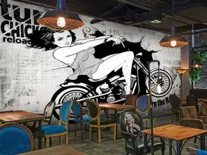 复古欧美摩托女郎工装背景墙图片素材psd效果图下载酒吧ktv装饰背景墙图大全工装背景墙编号17149115