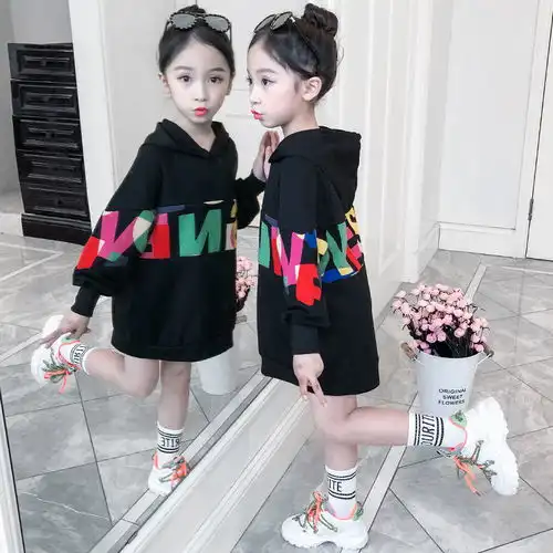 新款2020女童韩版中长款卫衣网红女孩连帽卫衣裙时尚拼接学生外套